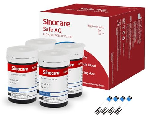 Sinocare Safe AQ Blood Sugar Test Strips, 100pcs Diabetes Test Strips for Safe AQ Smart/Voice Glucometer, Comes with 100pcs Strips, 4 Vials, 25pcs / Vial, NO GLUCOMETER&LANS.
