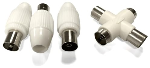 Blendend Conector de antena de TV, 1 clavija hembra y 2 clavijas macho, color blanco, ideal para mejorar señal y conexión de equipos de televisión.