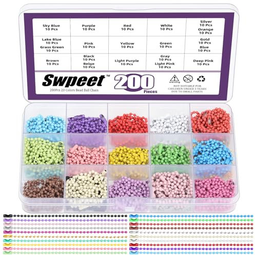 Swpeet 200Pcs 20 Colors Ball Bead Chain with Connector Assortment Kit, Metal Bead Chain Keychain Bulk, Metal Hanging Chains Necklace for Hanging Christmas Ornament, Jewelry, Key Chain, DIY Craft