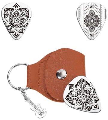 UNICRAFTALE 2 plettri personalizzati per chitarra, regalo con portachiavi in acciaio inox e custodia in pelle PU