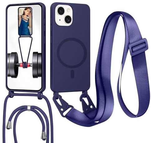 GoodcAcy Crossbody snodd för iPhone 13, [kompatibel med MagSafe] Magnetiskt fodral med rem justerbar och avtagbar hals, anti-fingeravtryck, blå