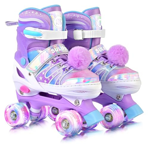 SULIFEEL Rainbow Tie-Dye Adjustable Roller Skates for Girls Kids Ages 3-5 5-8 6-12 Pink Purple Light Up Skate with Fluffy Pom Poms Triple Protection for Indoor Outdoor Skating