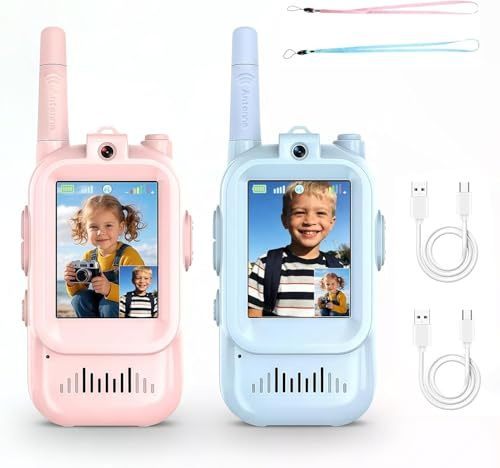 eMjollRay Talkies-Walkies Vidéo pour Enfants Lot de 2 Talkies-Walkies Rechargeables par USB-C avec Écran IPS 2 Pouces Changeur de Voix pour Le Camping, lesVoyages, la Randonnée, Cadeau pour Enfants