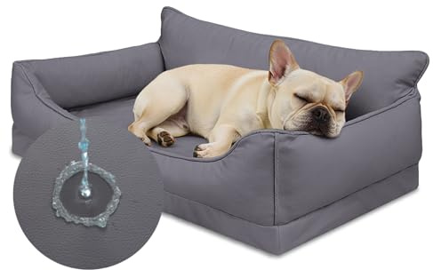 Favodormir Ortopedisk hundsäng, vattentät hundsoffa i konstläder – 73 x 45 cm för små hundar, hundsängar med ägglådskum, avtagbar tvättbar hundkudde, halkfri hundkorg, grå