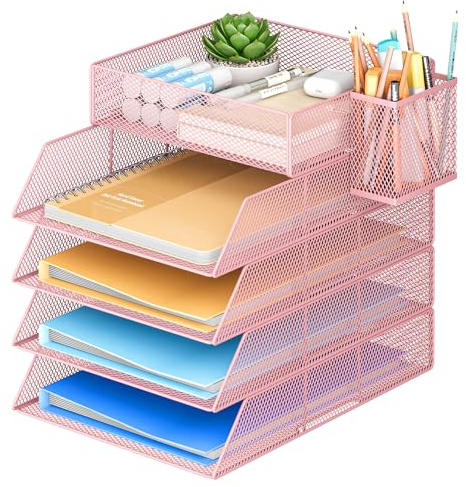 VITVITI 4 Tier Stackable Letter Tray for Office Tidy with 1 Flat Compartment, 1 Pen Holder, Desk Paper Organiser File Trays for Office Desk Accessories - Pink