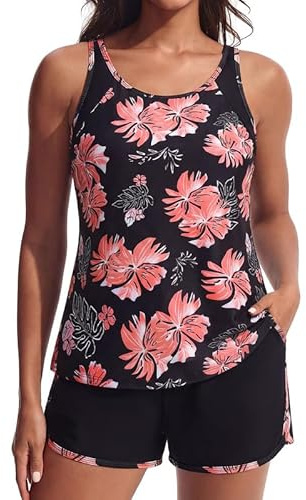 Hanna Nikole Modest Swimwear Women,Sport Tankini Sets,Swimming Costume Tummy Control,Two Piece Swimsuit,Adjustable Tankini Top with Built in Bottom Swim Shorts Bathing Suit with Pockets