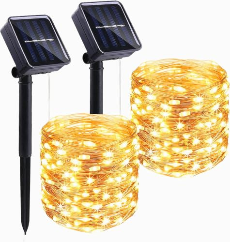 HELANYE Guirnalda LED Solar Exterior 2Pack 22M, Luces Solares con Alambre de Cobre, 8 Modos Cadena Lámparas Blanco Cálido, Impermeable IP65 para Jardín,Fiesta,Boda Decoración