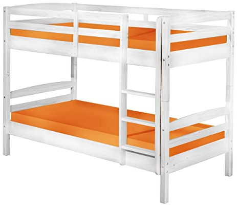 Inter Link – Lit Superposé pour enfants –Bois de pin massif – Avec échelle – 2 couchages 90 x 190 cm – Avec 2 sommiers à lattes – Barrière de sécurité - Rick – Vernis blanc, 90x190cm