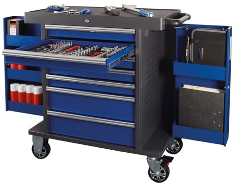 Projahn Werkstattwagen SPACE mit 188-teiliger Bestückung, Werkzeugwagen mit 7 Schubladen, Werkstattschrank mit 4 Rollen, Blau, abschließbar 7901-523