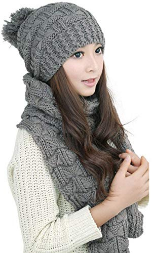 AISHNE Women Winter Hat Scarf Set for Lady Girl Warm Grey Knitted Thicken Beanie Cap 1 Set -gray
