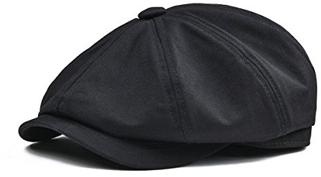 BOTVELA Men's Newsboy Flat Cap 100% Cotton Gatsby Ivy Golf Cabbie Hat (Black, 7 7/8)