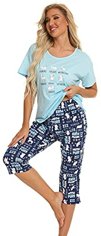 Misscoo Pyjama Set Dam Bomull Kortärmad Nattklädsel Sleepwear Perfekt för Vår och Sommar, XL
