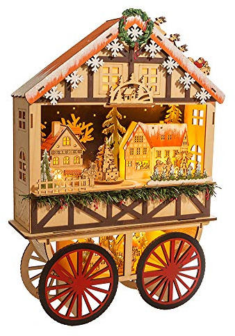 Kurt S. Adler 18.9-Inch Battery-Operated Light Up Musical Wood Wagon with Santa and Christmas Village Scene