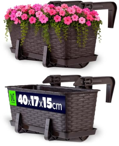 KADAX Hängande ytterkruka 40 cm, balkonglåda i plast med rottingutseende med integrerade monteringsfästen och fat (brun)