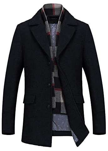 INVACHI Men's Wool Blend Coat Warm Winter Trench Coat with Detachable Soft Scarf Single Breasted Pea Coat