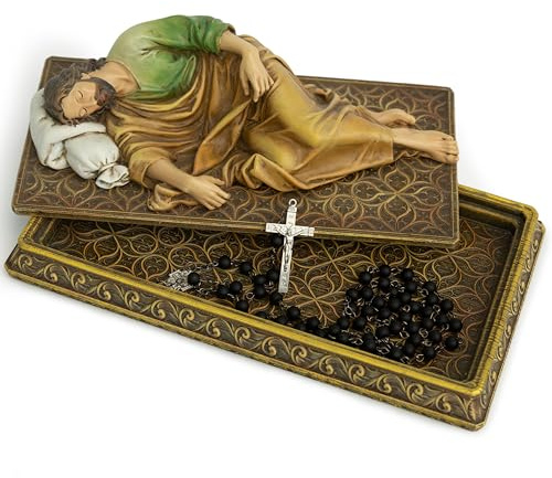 BC Catholic Sleeping St.Joseph Statue, with Case Base, Patron Saint Religious Figure Gift, Holder for Rosary, Inspirational Home Decor 8.8 Inches L, Handmade by Buildclassic (Full Color)