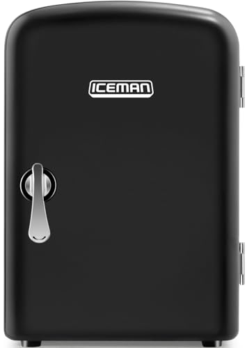 Iceman Tragbarer Radiergummi-Brett Mini-Kühlschrank, Kühlt und Heizt, 4 Liter Fassungsvermögen, Kühlt 6 12-Unzen-Dosen, 100% Umweltfreundlich, inkl. Stecker für Steckdose und, Schwarz