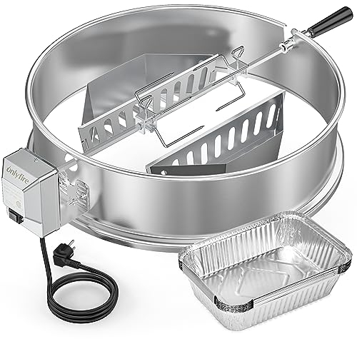 onlyfire Upgrade Edelstahl Grillspieß Set für Weber 57cm Kettle Holzkohlegrill, Inkl. Kohlekörbe und 10 Tropfschalen, Grill Drehspieß mit Motor, Rotisserie