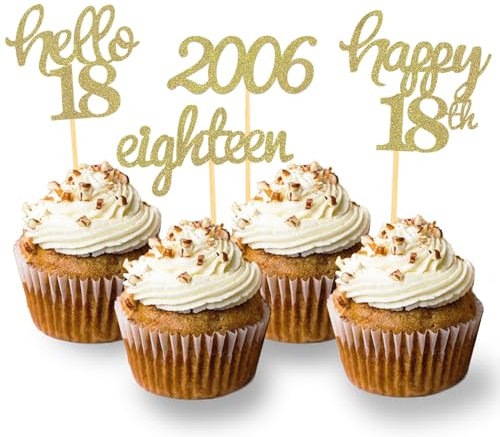 24 pcs Décoration Gâteau Anniversaire 18 ans, Paillettes Cake Topper, Joyeux Anniversaire Décoration non Comestible pour Cupcake 18 ans Fille Garçon (Or)