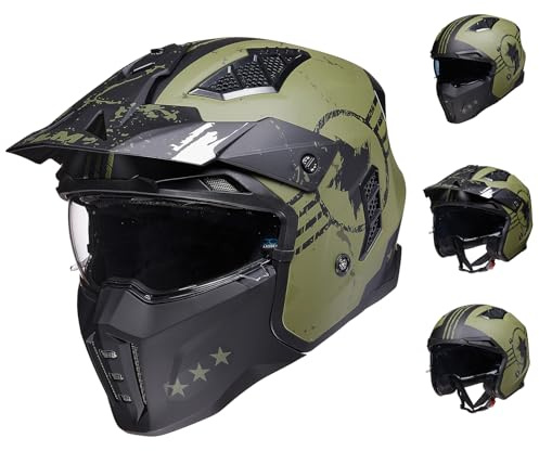 ILM Motocross-Motorcykelhjälmar - Vintage ECE-godkända Jet Scooter Hjälmar för Män Kvinnor Vuxna med Visor, Armégrön, XL