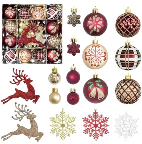 45PCS Christmas Tree Ornaments Set – Burgundy, Gold & Champagne Baubles, 6cm Balls, Reindeer Decorations, Snowflakes, Glitter Hanging Ornaments for Holiday Xmas Tree & Home Décor