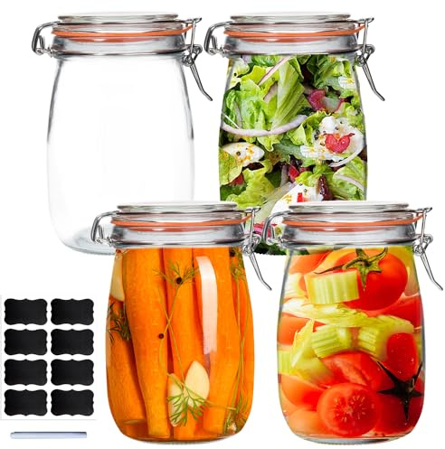 Galssmagic 32 oz Wide Mouth Mason Jars,4 Pack Glass Pickling Jars with Airtight Lids,Air Tight Glass Storage Container for Canning,Pickling,Fermenting