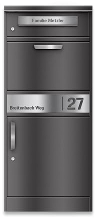Metzler Briefkasten und Paketbox rostfrei und massiv, paketbox draussen groß XXL, Standbriefkasten modern, Paketkasten, Postbox in DB 703 Eisenglimmer mit Namensgravur, Modell Bispo 2