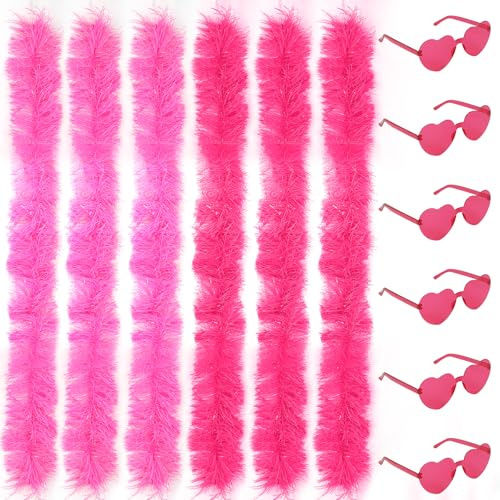 LACGO Lot de 6 boas roses et 6 lunettes sans monture, accessoires doux pour femmes et filles, enterrement de vie de jeune fille