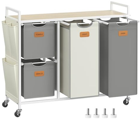 VASAGLE Laundry Hamper with 4 Compartments, 150 L Laundry Sorter, Rolling Laundry Cart with Shelves, Removable Liners, 6 Labels, Natural Beige, Dove Grey and Cream White BLH203G01
