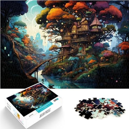 1000-teiliges Puzzle, Baumhaus in Fantasiefarben, für Erwachsene und Kinder, Holzpuzzle, Heimdekoration, Größe: 50 x 75 cm