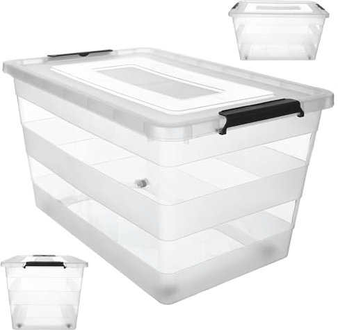 KADAX Scatola portaoggetti con coperchio, scatola per giocattoli, contenitore in plastica resistente, con chiusura a scatto, contenitore (trasparente, 55 l)
