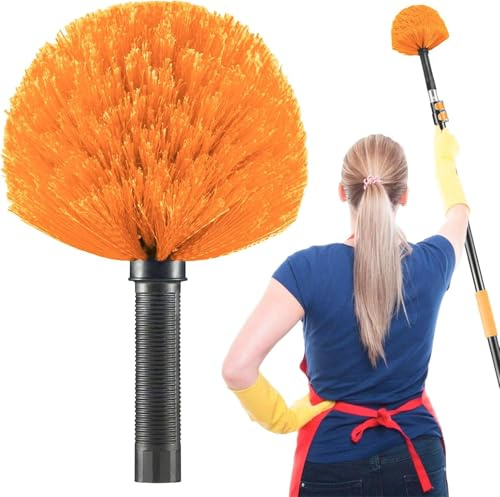 Cabezal de cepillo para polvo de telaraña, herramienta de limpieza de telaraña, uso en interiores y exteriores, se adapta a postes roscados Acme de 3/4 pulgadas (naranja)
