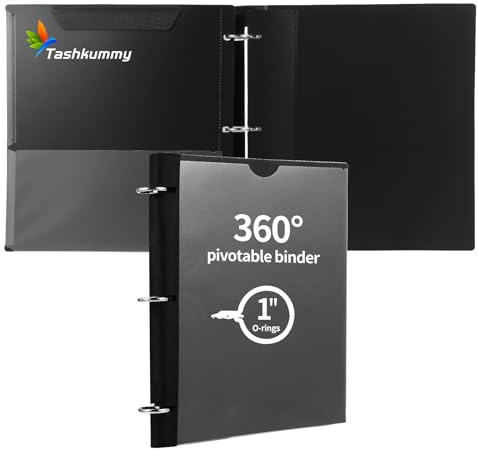 Tashkummy 360 Degree Pivotable Binder, Upgraded 3 Ring Binder 1 inch, Flexible Binders 3 Ring, Foldable Three Ring Binders- Black