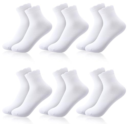 Zuimei Lot de 6 paires de chaussettes d'école blanches lisses sans couture pour enfants en coton blanc à volants Chaussettes respirantes, blanc, 7-11 ans