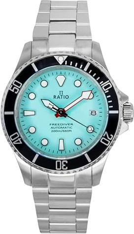 Ratio FreeDiver Japanische Taucheruhr mit Saphirglas, wasserdicht bis 200 m, eisblau, Taucher