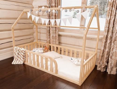 Mandrele - Montessori Bett, Hausbett mit Lattenrost, Rausfallschutz Bett, Bodenbett, Kinderbett, Holzbett mit Bettgestell für Jungen und Mädchen, 120x200 cm, Natur