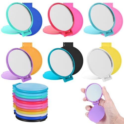 Hpmjz 12 mini specchi pieghevoli tascabili da 6,1 cm, portatili, rotondi, compatti, vintage, piccoli, per il trucco, per uso quotidiano, bomboniere, regali per donne e ragazze (blu, giallo, arancione)