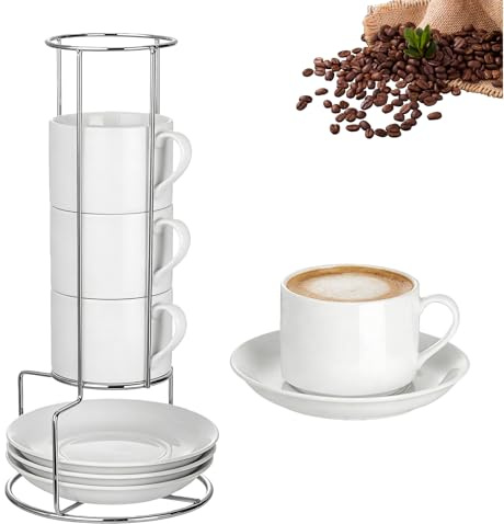 Juego de 4 tazas de espresso con platillos, juego de tazas de café, tazas de café expreso de cerámica con soporte, para capuchino, latte y té, tazas moka