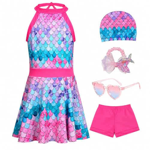 Maillot de Bain Fille Sirène 5 Pièces avec Maillots Une Pièce Fille Bonnet de Bain Enfant, De Lunettes de Soleil et d'un Chouchou, Motif Écailles de Poisson pour Nager, Tenue de Vacances Été 5-9 Ans