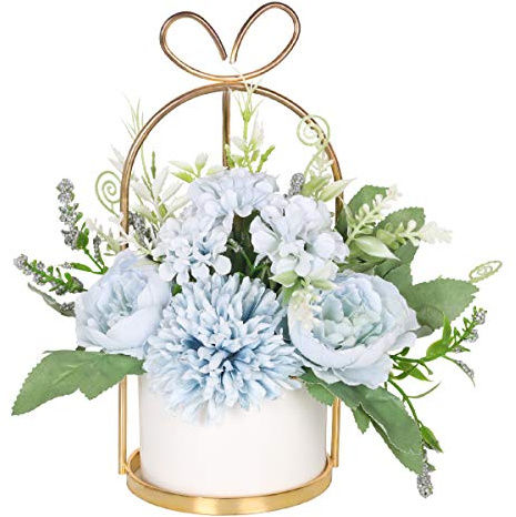 Hobyhoon - Fiori artificiali in seta con vaso, composizione floreale con ortensie e crisantemi, centrotavola, decorazione per la casa, scrivania e soggiorno, matrimoni