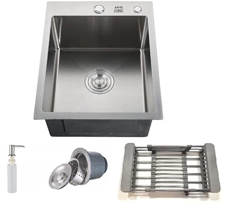 ANW HOME Évier de cuisine 40x50 cm avec siphon, panier égouttoir et distributeur de savon de 350 ml, évier de cuisine en acier inoxydable 304 avec 2 trous pour robinet, évier en acier inoxydable