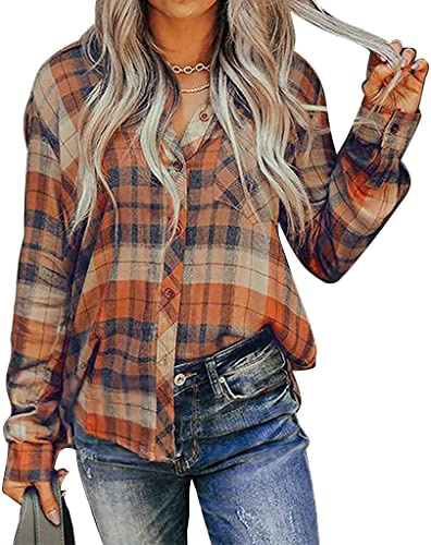 ORANDESIGNE Chemisier Carreaux Femme Blouses à Manches Longues Chemise Décontractée Classique Retro Blouse Shirt Casual Vintage Col Boutonné Chemisier Tops (Orange, L)