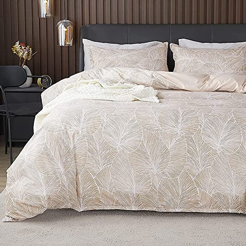 Michorinee Housse de Couette 220x240 Motif Feuilles Tropicales Beige Parure de Lit Réversible en Microfibre avec Fermeture Éclair - Linge de Lit 2 Personnes Adulte avec 2 Taies d'oreiller 65x65 cm
