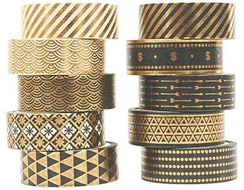 Tbkoeudhg Lot de 10 rouleaux de papier Washi Tape - Noir et doré - Pour scrapbooking