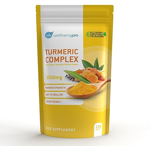 WBP Turmeric Complex 3500mg Maximum Strength (Up to 4 Months Supply) – with 95% Curcumin, Ginger, Boswellia Serrata & Black Pepper – Eco & Letterbox-Friendly Compostable Packaging – 120 Tablets