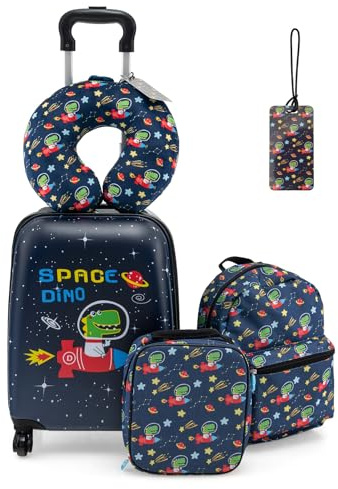 SOARS Voyage Enfant 5 Pièces, 16 Valise Cabine Enfant à Roulette et Poignée Télescopique, avec Sac à Dos, Coussin de Nuque, Sac à Déjeuner et Étiquette de Bagage, Valise Enfant Fille & Garçon 3+ Ans