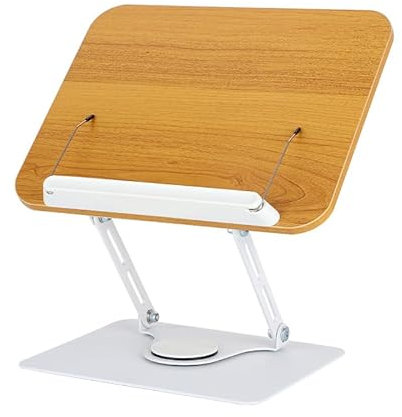 Leggio per Libri – Poggia Libro in Legno da Tavolo con Rotazione 360°, Base in Lega di Alluminio e Braccio Regolabile, Supporto per Libri Spessi e Ricette