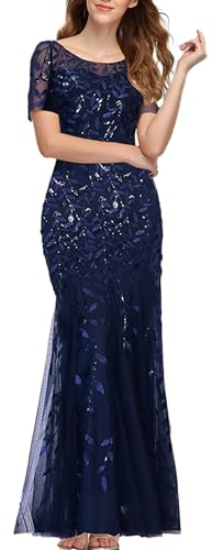ECDAHICC Abito da sera da donna, a maniche lunghe, con scollo tondo, in paillettes ricamate, lungo fino al pavimento, per feste, da damigella d'onore, da ballo, a sirena, in chiffon trasparente, Blu