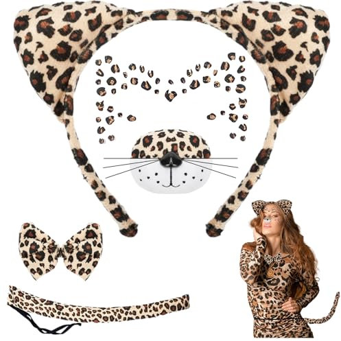Leoparden Kostüm Damen Halloween Leoparden Ohren Haarreif,Leopard Kostüm Schwanz Und Fliege Katzenohren Haarreif Kinder,Leo Ohren Tierkostüm Damen Gesichtstattoo Karneval Party Dekoration (Leopard)