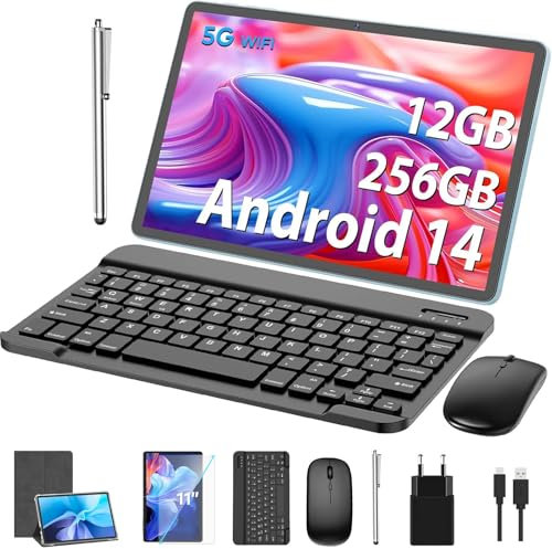 JJGJ Android Tablet,11 Zoll Tablet Android 14 mit Tastatur, 12GB+256GB, 1TB Expand, mit Octa-Core, 8000mAh, 2.4G/5G WiFi, 13MP+5MP Kamera, mit Tastatur Tasche, Maus, Stylus(Silber Hütten)